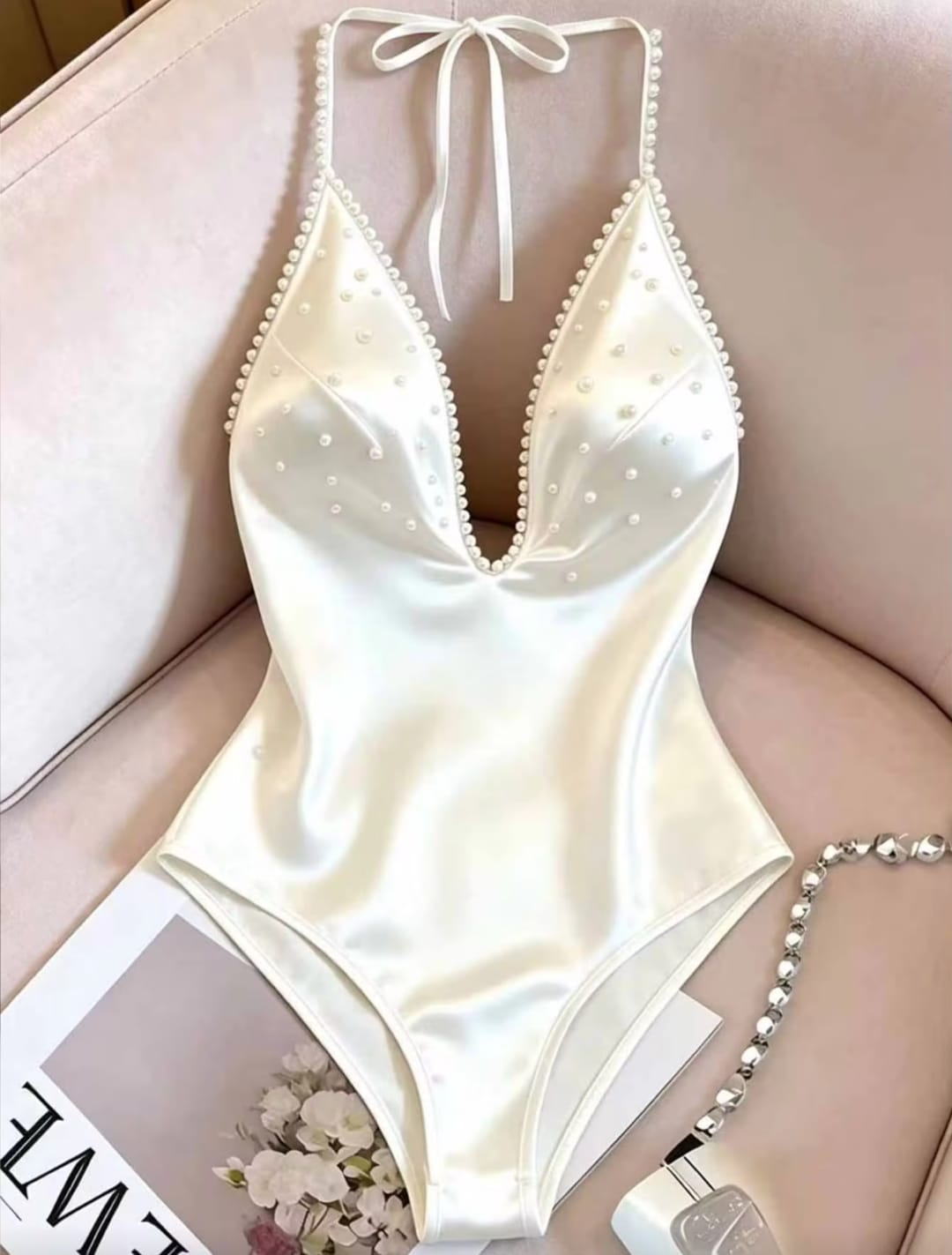 Elegant Navy Blue Faux Pearl Embellished Halter Neck Satin Bodysuit Swimsuit